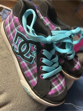DC Kids Purple Plaid Sneakers with Aqua Laces